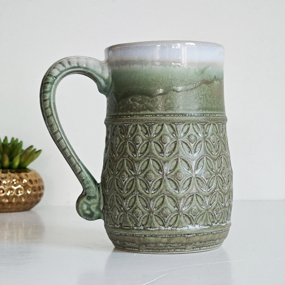 Boston Warehouse Green Embossed Stoneware Mug Textured Boho Coffee Cup